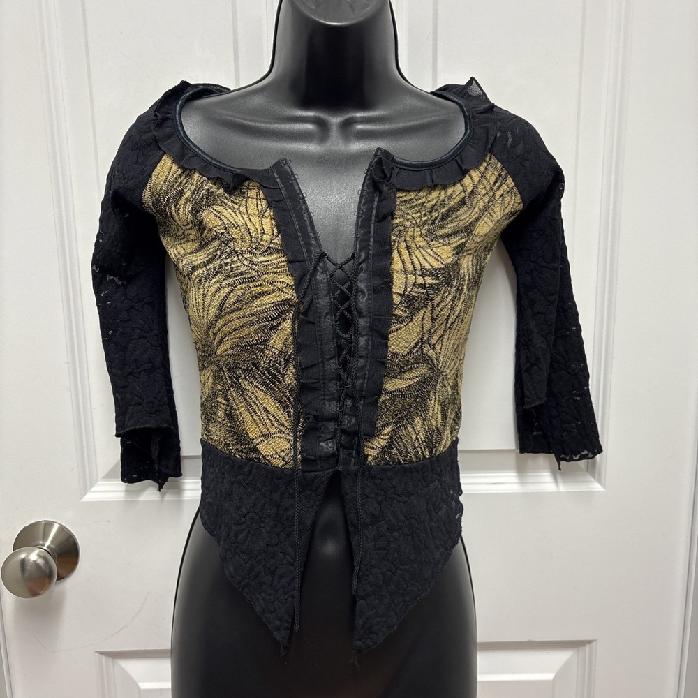 Vintage Corset Lace Indie Sleaze Hook And Eyelet 3/4 Sleeve Black Lace Top